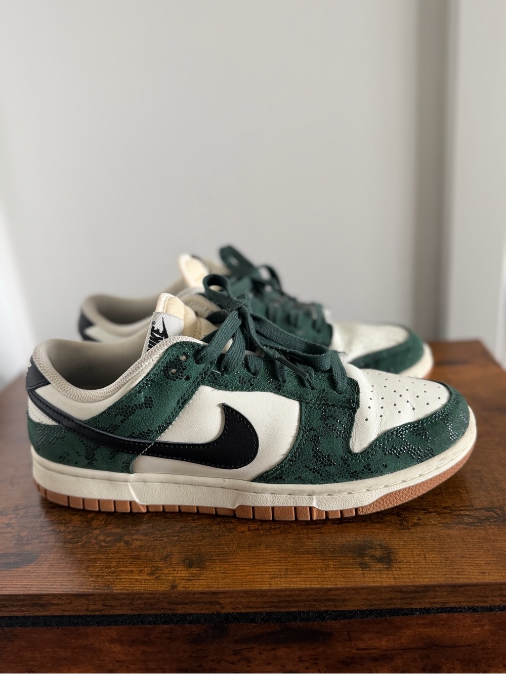 Nike Dunk Low in Dark Green/White with Black Swoosh